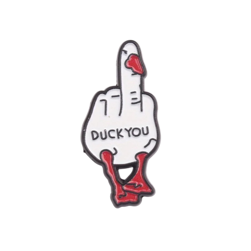 Smaltovaný odznak kachna s nápisom DUCK YOU a gestom prostredníčka 1,6 × 3,5 cm kovový biely červený čierny doplnok na batoh klopu
