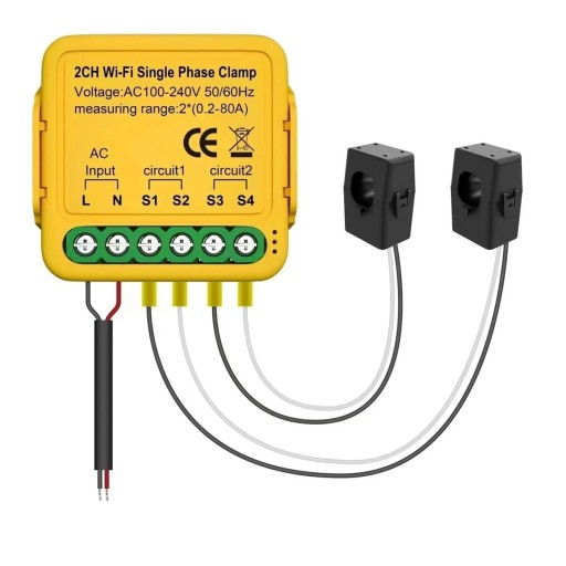 Smart Life WIFI Energiemesser mit zwei Transformatoren 100–240V Doppelstromsensor Solar kWh Monitor Verbrauchsstatistiken Telefonverbindung 39,2 x 39,2 x 18 mm