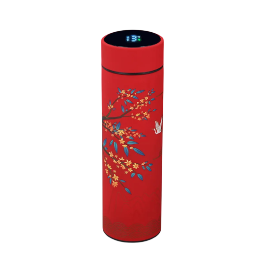 Smart termosk med display och sil 23,7 × 6,5 cm rostfritt stål 304 röd flaska med blommönster och fågel för resor