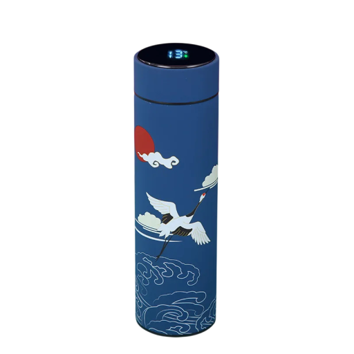 Smart Thermos with Display and Strainer 23.7 × 6.5 cm Stainless Steel 304 Blue with Crane and Wave Design for Tea and Beverages