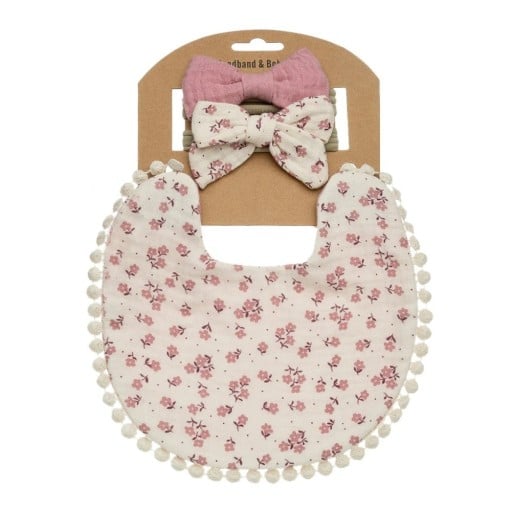 Smutte med små lyserøde blomster og to hårbånd med sløjfe til småbørn Sæt 3 stk Hvid for og lyserød bagside Mål 17,5 x 17 cm Kant med pomponer