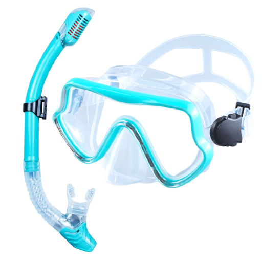 Snorklingsset Glasögon 16,5 x 8,8 cm med silikonpackning och härdat glas + snorkel 43 cm med luftventil