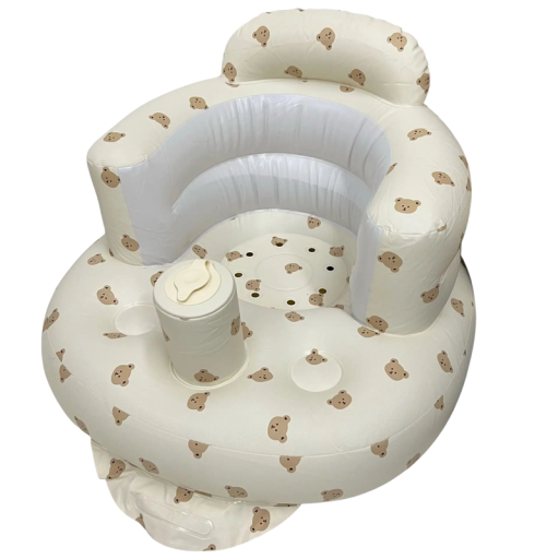 Sofá hinchable para bebés 58x53x40 cm Asiento de PVC blando con soporte para aprender a sentarse Patrón de cabeza de osito Ayuda para el cuidado