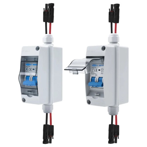 Solar Photovoltaic Box IP65 2P 1000 V 63 A HT-2WAY 1 Input 1 Output Waterproof Junction Box with Circuit Breaker and 27 cm Cable for Outdoor Installations
