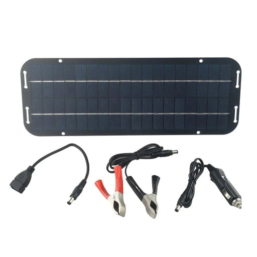 Solární panel 12 V 33,5 x 12,5 cm udržovací nabíječka autobaterie IP65 černý se svorkami a zástrčkou do auta pro auto moto i loď