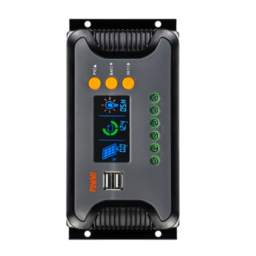 Solarregler PWM 30 A 12 V und 24 V und 36 V und 48 V PV bis 100 V zwei USB 5 V Farbdisplay schwarz für Photovoltaik und Wohnmobil