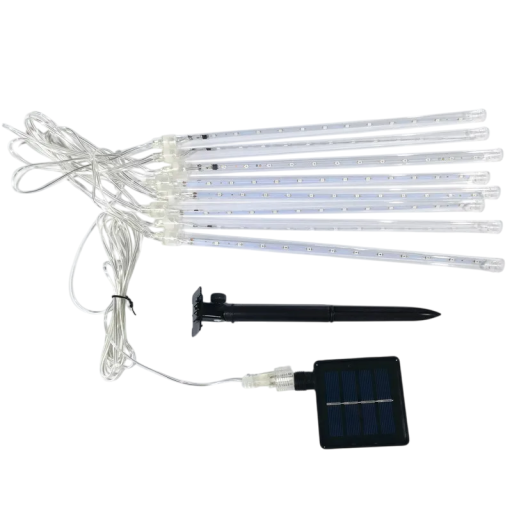 Solcelle LED lys 210 cm Meteorregn 8 rør á 30 cm Vandtæt udendørs lys med 290 cm strømledning af gennemsigtigt PC