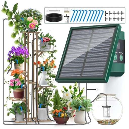 Soldrevet automatisk drypvandingssystem til blomsterpotter med timer og tilbehør til op til 15 planter