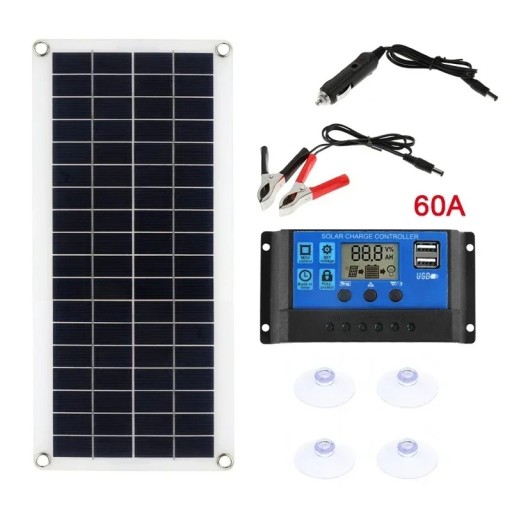 Solpanel 12V med 60A controller og controller 43x12 cm soloplader til telefon, bil, campingvogn, MP3-pad, udendørs backup-batteristrøm