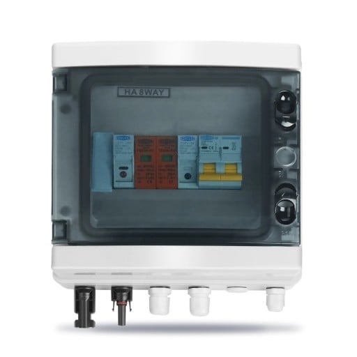 Solpanel samler IP65 240 x 210 x 100 mm DC 600 V SPD sikring og afbryder 20 A DC Vandtæt beskyttelsesboks 1 indgang 1 udgang mod overspænding