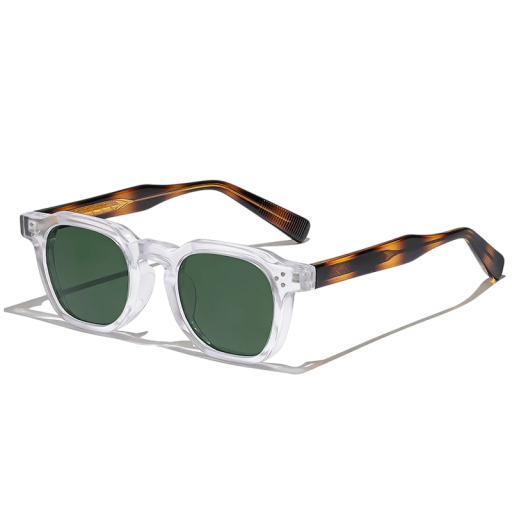 Solsikker med firkantet design unisex UV400 beskyttelse Bredde 144 mm og linse 47 mm Plastisk klar ramme og grønne linser Til byrejser