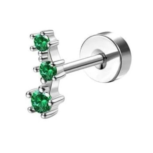 Sølv piercing med tre grønne diamanter ovenpå 0,8 mm x 6 mm x 10 mm i kirurgisk rustfrit stål til sensitive ører