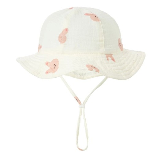 Sombrero de algodón para niños con conejito rosa y cintas de sujeción Circunferencia de cabeza 34–39 cm Visera 23 cm Profundidad 13 cm Sombrero 3–12