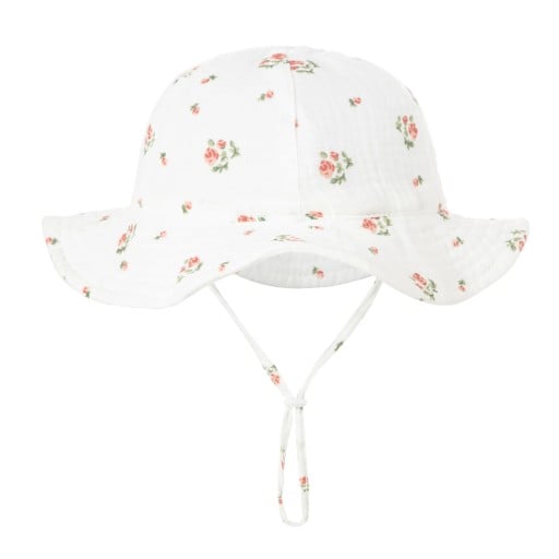 Sombrero de algodón para niños con estampado de rosas y cintas de sujeción Circunferencia de cabeza 34–39 cm Visera 23 cm Profundidad 13 cm Sombrero