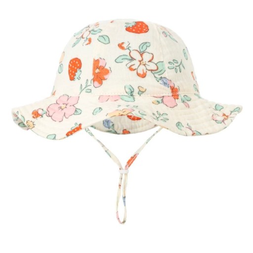Sombrero de algodón para niños con fresas y cintas de sujeción Circunferencia de cabeza 34–39 cm Visera 23 cm Profundidad 13 cm Sombrero para bebés de 3–12 meses