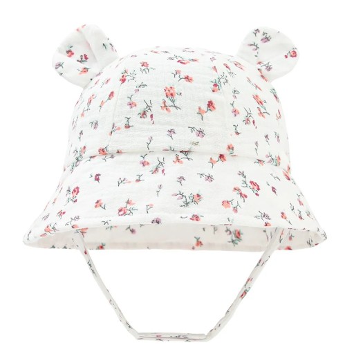 Sombrero de algodón para niños con orejitas de flores rosas con atadura Circunferencia de cabeza 35–39 cm Visera 27 cm Profundidad 11 cm Sombrero 3–12