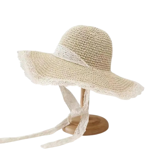 Sombrero de paja de verano para mujer 30 x 10 x 8 cm con encaje Ligero y transpirable sombrero de playa contra el sol Accesorio elegante