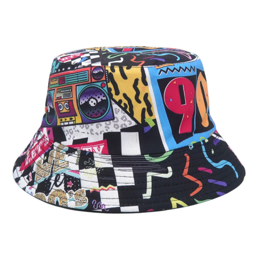 Sombrero de pescador con motivo de los noventa Sombrero tipo bucket de poliéster Accesorio de moda retro Protección estilosa