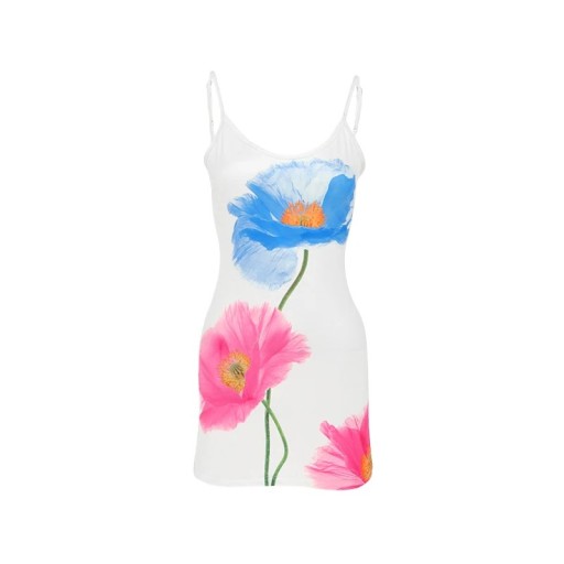 Sommer minikjole med tynde stropper Blomsterprint Slim fit Hvid kjole lavet af let materiale Damekjole til sommerstrandferie