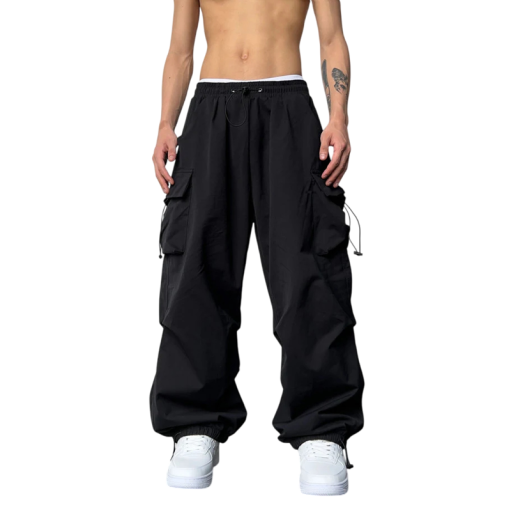 Sommerliche schwarze Herren Cargohose Weite Beine Elastischer Bund Atmungsaktives Material Lockere Passform Streetwear Bequeme Taschen