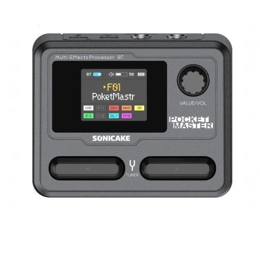 Sonicake Pocket Master Mini QME-10 čierny multiefektový pedál pre gitaru a basgitaru Farebný LCD displej Ovládanie cez aplikáciu Vstavaný zosilňovač