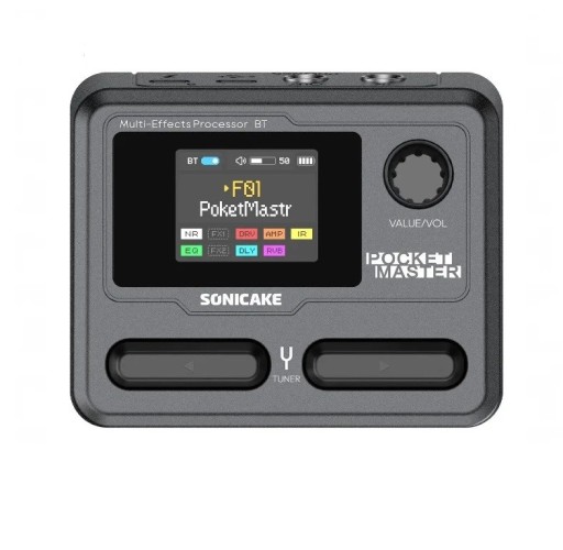 Sonicake Pocket Master Mini QME-10 zwarte multi-effectpedal voor gitaar en basgitaar Kleuren LCD-display Bediening via app Ingebouwde versterker