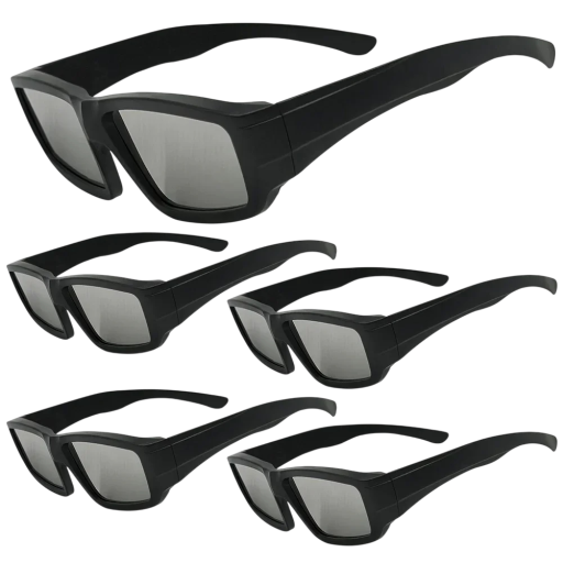 Sonnenfinsternis-Brille 5 Stück ISO-Zertifizierung Linsendicke 0,23 mm Abmessungen 155 x 146 x 48 mm Schwarzer Rahmen mit silbernen Gläsern