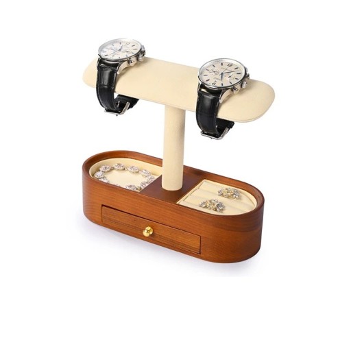 Soporte para 2 relojes con organizador de joyas y cajón 20 × 8 × 17 cm soporte de madera con almohadilla de cuero sintético