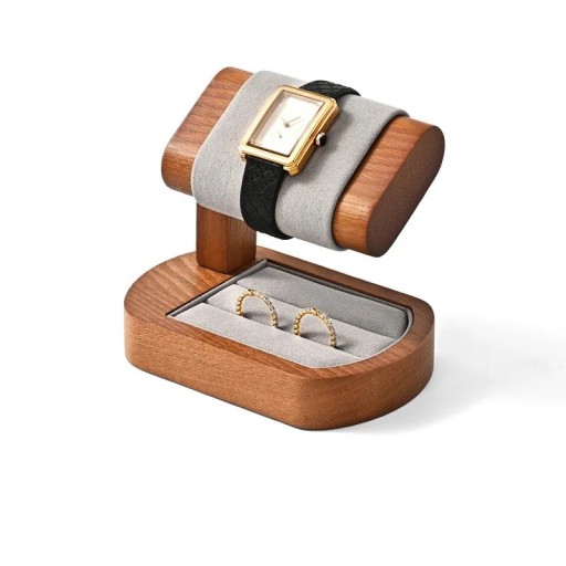 Soporte para relojes con organizador para anillos 12 × 8 × 2 cm soporte de madera con cojín de cuero sintético y forro de microfibra