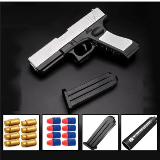 Sort airsoftpistol til børn med bløde kugler. Børnepistol med magasin og kuglehylstre. Sikkert legetøj til præcisionstræning.
