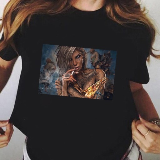 Sort dame-T-shirt med print A1195
