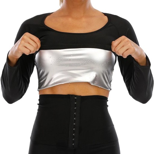 Sort dame termo-T-shirt med lange ærmer Fitness-T-shirt med saunaeffekt Shaping-T-shirt til fedtforbrænding Kompressions-sports-T-shirt