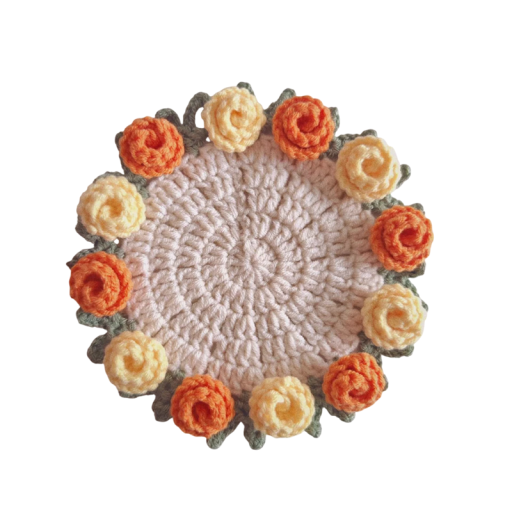 Sous-verre en crochet fait main avec motif de roses Sous-plat décoratif pour tasse Sous-verre de protection pour table pour un usage quotidien