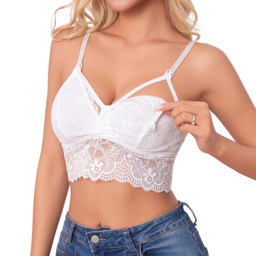 Soutien-gorge en dentelle pour femmes enceintes et allaitantes avec des agrafes sur les bretelles et des bandes décoratives au décolleté