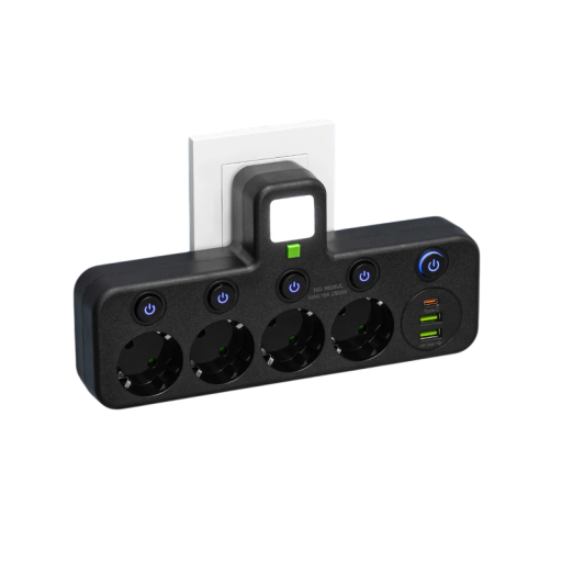 Sovitin EU-pistoke 5AC 5 pistorasiaa 2x USB A ja USB C 2500W 10A Yövalo On/off-kytkin merkkivalolla Toimistopistorasia 110–250V