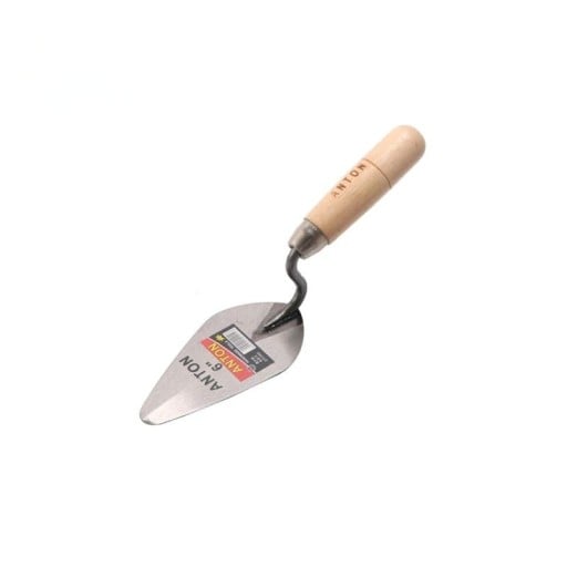 Spetsig murarlspade 15,2 cm kolstål 28 cm längd trähandtag beige för murar- och byggarbete