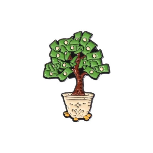 Spilla smaltata a forma di albero di banconote in vaso circa 2 × 3 cm spilla in metallo verde marrone motivo denaro distintivo per abbigliamento zaino risvolto