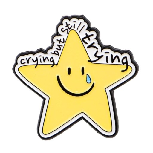 Spilla smaltata a forma di stella con citazione circa 3,2 × 3,2 cm spilla metallica gialla bianca nera blu motivo disegnato accessorio per zaino