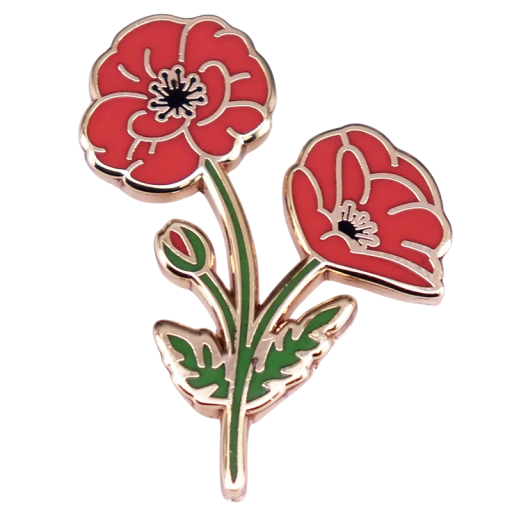 Spilla smaltata con papavero rosso e verde, accessorio botanico floreale, distintivo metallico