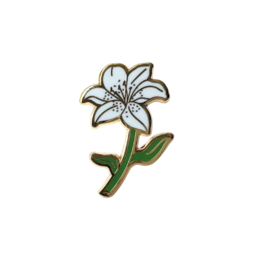 Spilla smaltata fiore bianco brooch botanica distintivo metallico gambo verde motivo floreale gioiello accessorio per zaino risvolto abbigliamento