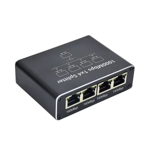 Splitter RJ45 de rețea 1 intrare 4 ieșiri 1000Mbps Gigabit LAN, hub metalic negru pentru router, PC, laptop, TV