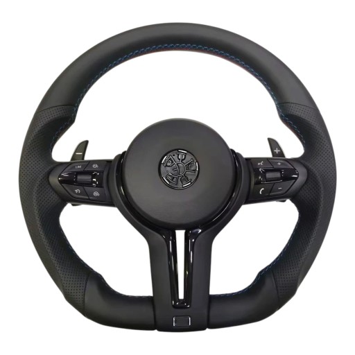 Sportkormány BMW E90 E91 E92 E87 E83 X1 E84 X5 E70 X6 E71 M Stílusú, váltófülekkel és sebességtartóval, perforált bőr, Plug and Play, fekete