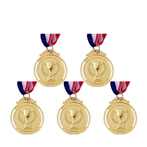 Sportmedaillen Set 5 Stück für Wettbewerbe mit Pokal und Ähren Durchmesser 5 cm Zinklegierung mit Trikolorenbändern für Kinder und Schulveranstaltungen