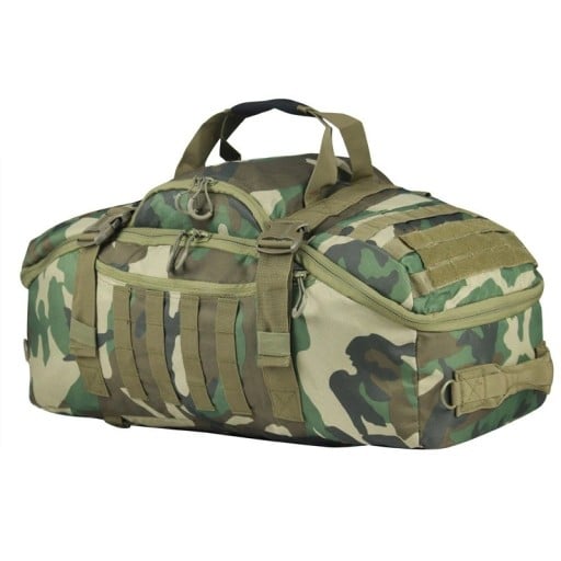 Sportovní a cestovní taška 3v1 Batoh i taška přes rameno Objem 80 l 68 x 35 x 30 cm Nylon 600D Maskáčová Woodland Na fitness a cestování