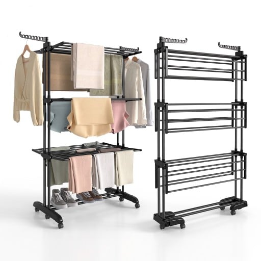 Staande wasdroger 63,5 x 125,5 x 173 cm met 4 niveaus en opklapbare vleugels zwarte mobiele kledinghanger met hangers
