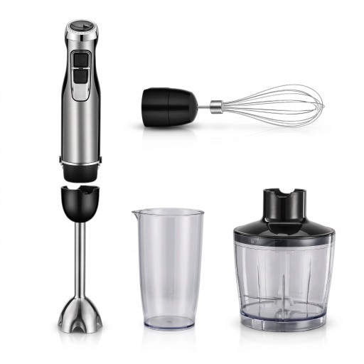Stabmixer BioloMix 4 in 1 1200 W 6 Geschwindigkeiten und Turbo mit Zerkleinerer 500 ml und Behälter 600 ml Edelstahlmesser Schwarz Für Smoothies