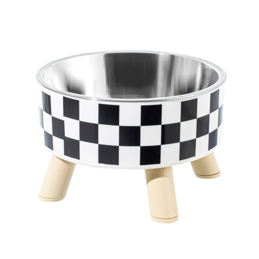 Stainless Steel Bowl for Cats and Dogs with Black and White Checkered Pattern 14 cm with Non-Slip Wooden Legs Height 9 cm Designer Bowl for Pets