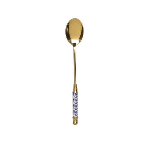 Stainless Steel Dessert Spoon with Long White-Blue Handle Elegant Gold Tea Spoon for Coffee Ice Cream Cake Fruit