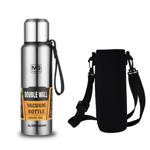 Stainless Steel Flask 1000 ml with Bag Double-Walled Vacuum Insulation Thermo Bottle for Hot and Cold Drinks Travel Flask with Strap Leak-Proof Lid