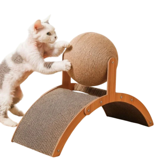 Stâlp mare de zgâriat pentru pisici, din lemn, cu placă arcuită și minge din sisal 55x23x40 cm Stație de zgâriat multifuncțională pentru joacă